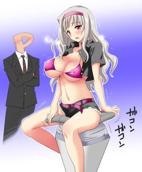 1boy 1girl bad_id bad_pixiv_id belt bikini bikini_top_only blush breasts breath cleavage covered_erect_nipples headband highres idolmaster idolmaster_(classic) large_breasts long_hair machine marugoshi_teppei p-head_producer producer_(idolmaster) riding riding_machine sex_machine shijou_takane short_shorts shorts swimsuit translation_request