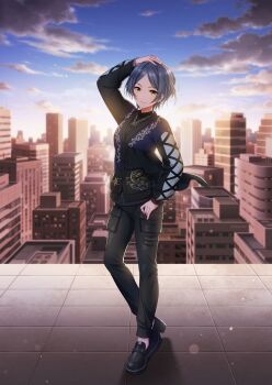 Rule 34 | 1girl, blue hair, cityscape, cloud, forehead, hand in pocket, hayami kanade, idolmaster, idolmaster cinderella girls, official art, pants, promotional art, solo, yellow eyes