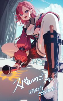 1girl black_boots blush boots breasts cleavage commentary_request commission crowd earrings grey_eyes holding holding_microphone indie_virtual_youtuber jacket jewelry kneeling long_sleeves looking_at_viewer medium_breasts microphone open_mouth orange_nails pentagon_(railgun_ky1206) red_hair red_jacket shadow short_hair skeb_commission solo stage swept_bangs translation_request tsumugi_carla_(vtuber)