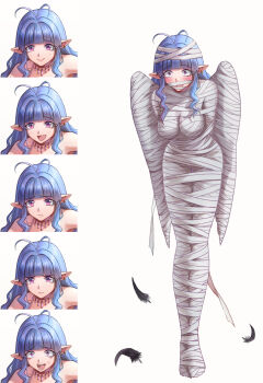 Rule 34 | 1girl, :d, absurdres, anger vein, antenna hair, bandages, blue hair, blush, commentary request, earrings, multiple expressions, feathered wings, feathers, frown, full body, highres, jewelry, leno^a^, long hair, mummification (bound), necklace, open mouth, original, pointy ears, purple eyes, sad, smile, solo, surprised, tearing up, white background, wide-eyed, wings