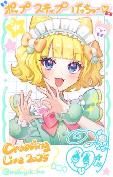 1girl :3 :d blonde_hair blue_eyes blunt_bangs commentary_request cone_hair_bun double_bun fake_photograph hair_bun hands_up heart heart_hands highres idol_clothes kuma_(pripara) looking_at_viewer maid_headdress mendamen minami_mirei open_mouth polaroid_photo pretty_series pripara short_hair signature smile solo star_(symbol) translation_request upper_body