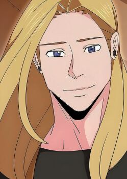 1boy black_shirt blonde_hair blue_eyes hudson_link let&#039;s_play:_quest-darake_no_my_life long_hair looking_at_viewer male_focus shirt smile upper_body