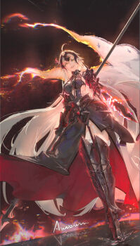 1girl absurdres accelerator1111 ahoge armor armored_boots armored_dress black_dress black_gloves boots breasts commentary_request dress elbow_gloves english_text fate/grand_order fate_(series) flag full_body fur-trimmed_thighhighs fur_trim gauntlets gloves glowing glowing_sword glowing_weapon headpiece highres holding holding_sword holding_weapon jeanne_d'arc_alter_(avenger)_(fate) jeanne_d'arc_alter_(fate) long_hair looking_at_viewer medium_breasts polearm red_background smile solo standard_bearer standing sword thigh_boots thighhighs translation_request very_long_hair weapon yellow_eyes