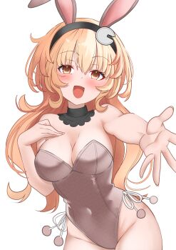 1girl absurdres animal_ear_hairband animal_ears black_hairband blush breasts brown_eyes brown_hair choujigen_game_neptune cleavage commentary compa covered_navel english_commentary fake_animal_ears grey_leotard hairband hand_on_own_chest highres large_breasts leotard long_hair looking_at_viewer neptune_(series) open_mouth playboy_bunny rabbit_ears solo strapless strapless_leotard white_background xueli_shimazaki
