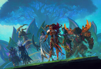 3boys 4girls alexstrasza antlers armor artist_name bayard_wu belt black_gloves boobplate breastplate casting_spell colored_skin copyright_name copyright_notice dragon_horns dress ebyssian elf faulds floating floating_hair full_body glaive_(polearm) gloves greaves green_dress green_hair highres holding holding_polearm holding_weapon horn_ornament horn_ring horns kalecgos looking_at_viewer magic merithra multiple_boys multiple_girls night_elf_(warcraft) nozdormu official_art outdoors pauldrons pelvic_curtain pointy_ears polearm purple_robe purple_skin red_hair robe scythe shoulder_armor standing tauren_(warcraft) tree tyrande_whisperwind vambraces vyranoth walking warcraft weapon weapon_on_back white_dress wind world_of_warcraft yellow_eyes