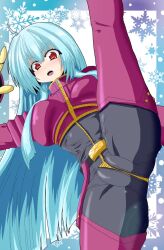 Rule 34 | 1girl, blue hair, bodysuit, breasts, cameltoe, flexible, highres, kicking, kula diamond, large breasts, leg up, legs, long hair, looking at viewer, open mouth, red eyes, serious, snk, solo, the king of fighters, thighs
