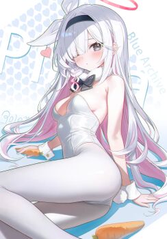 1girl absurdres alternate_costume ass black_bow black_bowtie black_hairband blue_archive blush bow bowtie breasts carrot character_name closed_mouth colored_inner_hair commentary copyright_name detached_collar fake_tail feet_out_of_frame grey_eyes grey_hair hair_over_one_eye hair_ribbon hair_spread_out hairband halo heart highres holding holding_carrot leotard long_hair looking_at_viewer lying multicolored_hair on_side pantyhose pink_hair plana_(blue_archive) playboy_bunny polecat_(pixiv_31682054) rabbit_tail red_halo red_pupils revision ribbon sidelocks small_breasts strapless strapless_leotard tail thighs very_long_hair white_hair white_leotard white_pantyhose white_ribbon white_wrist_cuffs wrist_cuffs