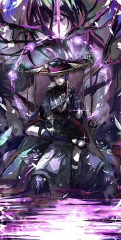 1boy 1girl absurdres angry blunt_bangs branch commentary electricity genshin_impact glint glowing glowing_eyes hair_between_eyes hat head_tilt highres japanese_clothes jewelry long_hair looking_at_viewer male_focus mole mole_under_eye mother_and_son parted_lips pendant powering_up purple_eyes purple_hair raiden_shogun scaramouche_(genshin_impact) shade shaded_face shiramigame sitting sketch tree water