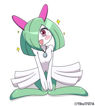 :d absurdres blush commentary full_body gen_3_pokemon hands_on_own_knees happy highres jewelry kirlia nintendo open_mouth pendant pokemon pokemon_(creature) pokemon_focus red_eyes simple_background sitting smile solo sparkle twitter_username watermark white_background yiku1707