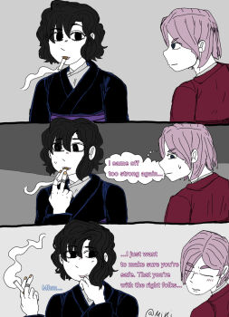 Rule 34 | 1boy, 1girl, artist name, cigarette, comic, couple, dazai osamu (isekai shikkaku), english text, flat color, genderswap, genderswap (ftm), genderswap (mtf), grey background, highres, holding, holding cigarette, isekai shikkaku, meme, sacchan (isekai shikkaku), simple background, smoking, speech bubble, talking, template, thought bubble
