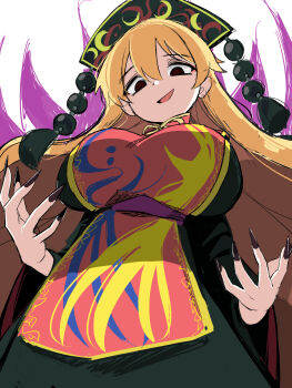 1girl black_dress black_hat blonde_hair breasts chinese_clothes commentary_request dalachi_(headdress) dress energy_tail fingernails fox_tail harakune_(mugennero) hat highres junko_(touhou) large_breasts long_fingernails long_hair long_sleeves looking_at_viewer multiple_tails neck_ribbon open_mouth red_eyes red_tabard ribbon sharp_fingernails smile solo tabard tail touhou very_long_hair wide_sleeves yellow_ribbon