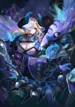 1girl absurdres armor blue_eyes breasts claws colored_skin commission commissioner_upload full_body gradient_hair hair_ornament highres horns indie_virtual_youtuber leotard long_hair minksama monster_girl multicolored_hair non-web_source one_eye_covered shoulder_armor strap thigh_strap veil webbed_hands zeta_(abyss_dragon)_(vtuber) zeta_(vtuber)