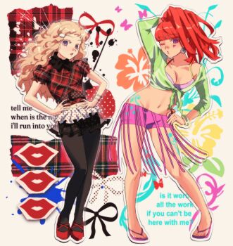 2girls absurdres arm_behind_head arm_up babykatafan black_pantyhose black_skirt blonde_hair blue_tattoo blunt_bangs bow bra bracelet breasts bug butterfly colored_eyelashes commentary cosplay crop_top earrings english_commentary english_text feet flower flower_earrings full_body gnosia green_jacket hair_ornament hairclip hands_on_own_hips hibiscus high_ponytail highres hip_tattoo insect jacket jewelry kukrushka_(gnosia) long_hair looking_at_viewer medium_breasts midriff multiple_girls navel one_eye_closed open_mouth pantyhose pink_bra pink_shorts pinkpantheress pinkpantheress_(cosplay) plaid_background plaid_clothes plaid_shirt ponytail puckered_lips puffy_short_sleeves puffy_sleeves purple_eyes real_life red_hair red_shirt red_shoes ring sandals shirt shoes short_bangs short_sleeves shorts simple_background skirt sq_(gnosia) standing tattoo tied_jacket toes underwear wavy_hair white_background