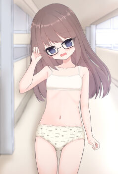 1girl black_eyes blush bra brown_hair clothes_writing collarbone crotch_seam embarrassed flat_chest glasses hallway heart heart_print loli long_hair looking_at_viewer navel open_mouth original panties print_panties school shooko standing underwear white_bra white_panties