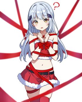 1girl absurdres akua_(akua326326326) arms_in_front bare_shoulders bdsm belly belt belt_skirt blue_hair blunt_bangs blush bondage bound bound_wrists breasts christmas clenched_hand clenched_hands confused crop_top female_focus fur-trimmed_crop_top fur-trimmed_skirt fur_trim gift hair_ornament hairclip highres long_hair looking_at_viewer midriff miniskirt navel open_mouth original pleated_skirt presenting ? red_ribbon red_skirt red_thighhighs restrained ribbon ribbon_bondage santa_costume simple_background skin_tight skindentation skirt small_breasts solo stomach teeth thighhighs thighs tongue white_background yellow_eyes