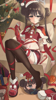 1girl absurdres alternate_costume artist_name bell black_hair black_thighhighs blue_archive blush boots bow bowtie box breasts capelet cardboard_box chinese_commentary christmas christmas_ornaments christmas_tree closed_mouth commentary_request detached_sleeves double_bun full_body fur-trimmed_boots fur-trimmed_capelet fur-trimmed_shorts fur-trimmed_sleeves fur_trim grey_eyes grey_halo hair_between_eyes hair_bun halo hand_up hat highres holding holding_ribbon hui_yu_yu_yu_ye in_box in_container indoors kisaki_(blue_archive) knees_together_feet_apart knees_up leg_ribbon legs long_hair long_ribbon looking_at_viewer lying navel neck_bell on_back pom_pom_(clothes) red_boots red_capelet red_ribbon red_shorts red_sleeves ribbon santa_costume santa_hat short_shorts shorts single_boot sleeves_past_wrists small_breasts smile solo star_(symbol) stomach thighhighs tsurime twintails