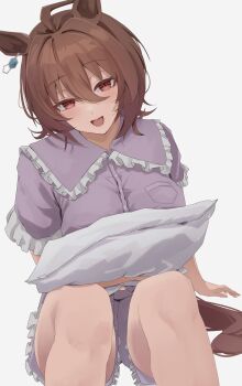 1girl absurdres agnes_tachyon_(umamusume) ahoge animal_ears blue_shirt blue_shorts blush breasts brown_hair chemical_structure commentary_request ear_ornament earrings frilled_shirt frilled_shirt_collar frilled_shorts frills hair_between_eyes hand_on_ground highres holding holding_pillow horse_ears horse_girl jewelry knees_up large_breasts looking_at_viewer on_ground open_mouth pillow red_eyes sei_(bigaa) shirt short_hair shorts simple_background single_earring solo teeth umamusume upper_teeth_only white_background