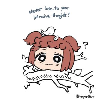 1girl :3 ? animal animal_on_head artist_name bird bird_on_head borrowed_character branch brown_hair disembodied_head double_bun dullahan english_text enne_(porforever) hair_bun hepari on_head original short_hair simple_background smile solo spot_color stuck twitter_username white_background