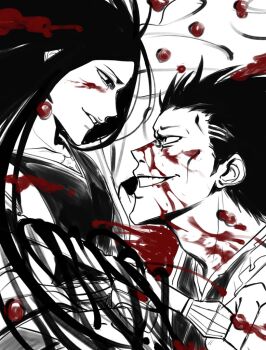 Rule 34 | 1boy, 1girl, battle, bleach, blood, blood on face, closed eyes, commentary request, eye contact, face-to-face, fighting stance, korean commentary, looking at another, monochrome, profile, shoubangnim, smile, unohana retsu, zaraki kenpachi