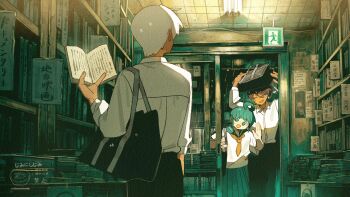 Rule 34 | 1girl, 2girls, ahoge, ahoge girl (jimini shijimi), aqua eyes, aqua hair, aqua sailor collar, aqua skirt, arm at side, bag, bag over head, black hair, black pants, book, bookshelf, collared shirt, glass door, hand up, hands up, highres, holding, holding bag, holding book, indoors, jimini shijimi, library, multiple girls, neckerchief, no humans, open book, open mouth, orange neckerchief, original, pants, pile of books, pleated skirt, sailor collar, school bag, school uniform, serafuku, shirt, short hair, short sleeves, shoulder bag, skirt, slice of life, sliding doors, standing, very short hair, waving, white-haired man (jimini shijimi), white shirt, wing collar