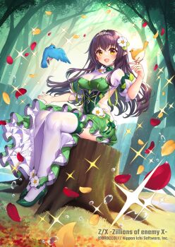1girl bird bird_on_hand black_hair breasts copyright_notice covered_navel crown dress flower forest green_dress green_shoes hair_flower hair_ornament high_heels highres kuro_chairo_no_neko large_breasts long_hair nature official_art on_tree_stump open_mouth outdoors pecteilis petals pointy_ears see-through_cleavage see-through_clothes shoes sitting solo sparkle splashing thighhighs tree white_thighhighs yellow_eyes z/x