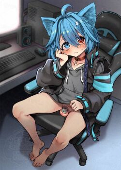 1boy ahoge animal_ears armchair barefoot belt_collar black_jacket bloom blue_hair blue_trim blush bottomless chair chastity_cage clothes_lift clothing_cutout collar collarbone commentary_request commission computer computer_keyboard computer_mouse desk drawstring flat_chastity_cage food-themed_hair_ornament from_above frown gaming_chair grey_hoodie hair_between_eyes hair_ornament hand_on_own_cheek hand_on_own_face hat head_rest heterochromia hood hood_down hoodie hoodie_lift indoors jacket lifting_own_clothes looking_at_viewer looking_up male_focus on_chair open_clothes open_jacket original pendant_collar pepero_(prprlo) pocket red_collar short_hair shoulder_cutout sidelocks sitting skeb_commission small_chastity_cage small_sweatdrop small_testicles solo speaker swivel_chair tagme testicles trap zipper