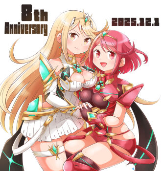 2girls aogaeru_(pixiv46613656) blonde_hair breasts large_breasts multiple_girls mythra_(xenoblade) pyra_(xenoblade) red_eyes red_hair simple_background white_background xenoblade_chronicles_(series) xenoblade_chronicles_2
