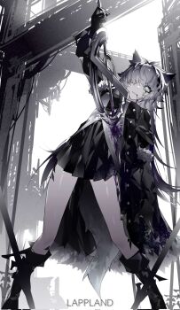 1girl animal_ears arknights black_boots black_dress black_gloves blood blood_on_clothes bloody_tears blue_eyes boots building character_name corrupted_twitter_file dress full_body gloves grey_theme grin hair_between_eyes hair_over_one_eye highres impaled lappland_(arknights) long_bangs long_hair long_sleeves looking_at_viewer polearm purple_blood short_dress sky smile solo spear stab standing very_long_hair weapon white_sky wolf_ears yexinhan