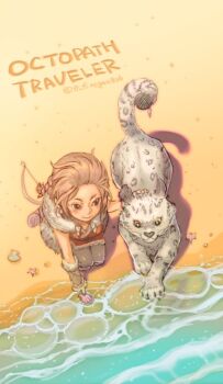 1girl aged_down beach bow_(weapon) brown_hair child commentary_request copyright_name from_above h'aanit_(octopath_traveler) linde_(octopath_traveler) octopath_traveler octopath_traveler_i regan_(hatsumi) sand seashell shell sitting snow_leopard water weapon white_fur yellow_eyes