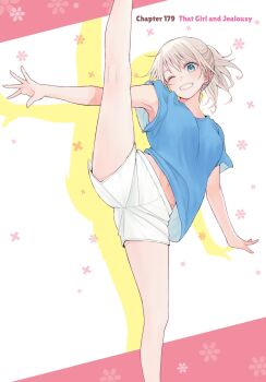 1girl armpits blonde_hair blue_shirt breasts commentary copyright_name cover english_commentary floral_background floral_print grin hair_between_eyes highres kuroiwa_medaka_ni_watashi_no_kawaii_ga_tsuujinai kuze_ran looking_at_viewer medium_breasts medium_hair official_art one_eye_closed pink_background ponytail second-party_source shadow shirt short_shorts short_sleeves shorts smile solo split standing standing_on_one_leg standing_split thighs two-tone_background white_background white_shorts yellow_shadow