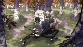 1boy 1girl angry artist_self-insert black_pants black_pantyhose breasts brown_hair english_text grass grey_footwear grey_shirt guitar highres hood hood_down hoodie instrument medium_breasts music original outdoors pants pantyhose path playing_instrument pointy_ears popopoka popopoka_(character) profanity road shirt shoes short_hair short_sleeves sitting smile speech_bubble tree