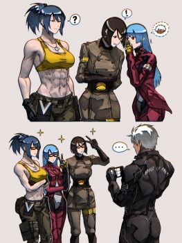 1boy 3girls abs black_gloves blue_hair breasts brother_and_sister brown_hair crossed_arms dog_tags earrings gloves high_ponytail highres jewelry k'_(kof) kula_diamond large_breasts leona_heidern long_hair military military_uniform multiple_girls navel pants ponytail short_hair siblings speech_bubble split_screen sunglasses syachiiro the_king_of_fighters unworn_gloves v whip_(kof)