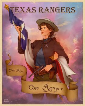 Rule 34 | 1girl, artist name, belt, blue shirt, border, brown eyes, brown hair, brown jacket, cloud, cloudy sky, colt single action army, commentary, cowboy hat, cowboy western, deltamagna, english commentary, english text, facing to the side, finger on trigger, flag, gun, gunbelt, handgun, hat, highres, holding, holding flag, holding gun, holding weapon, jacket, lips, long hair, looking up, messy hair, nose, original, outdoors, revolver, sheriff (western), sheriff badge, shirt, signature, simple background, sky, solo, star (symbol), texas, texas flag, title, upper body, weapon