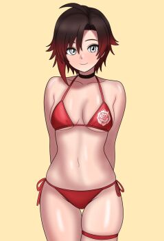 1girl arms_behind_back bikini black_choker black_hair bojack198 breasts choker closed_mouth cowboy_shot gradient_hair grey_eyes highres medium_breasts multicolored_hair navel red_hair ruby_rose rwby short_hair side-tie_bikini_bottom simple_background smile solo stomach swimsuit thigh_gap thigh_strap two-tone_hair yellow_background