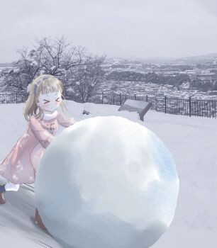 Rule 34 | >:(, > <, 1girl, bairasu 02, blue hairband, brown hair, brown shoes, closed mouth, coat, commentary request, frown, full body, hairband, highres, kachimachi kosuzu, kachimachi kosuzu (winter casual), link! like! love live!, lookout platform, love live!, outdoors, pink coat, pushing, rolling, shoes, snowball, solo, utatsuyama park, v-shaped eyebrows, virtual youtuber