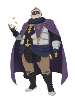 Rule 34 | 1boy, absurdres, black boots, black clover, black clover m: rise of the wizard king, black gloves, black pants, boots, brown chaps, brown hair, cape, chaps, coin, fingerless gloves, gloves, gold coin, grin, gueldre poizot, highres, looking at viewer, male focus, non-web source, official art, pants, purple cape, purple orca (emblem), short hair, simple background, smile, solo, transparent background
