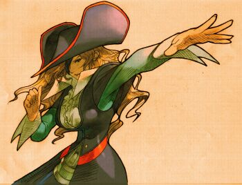 Rule 34 | 1girl, bengus, blonde hair, boots, breasts, brown boots, brown eyes, capcom, collared shirt, expressionless, eyepatch, feet out of frame, game cg, hand up, hat, highres, leg up, long hair, long sleeves, marvel, marvel vs. capcom, marvel vs. capcom 2, non-web source, official art, outstretched arm, pirate, pirate hat, portrait, ruby heart, scan, shirt, sleeve cuffs, solo, standing