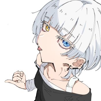 1girl bang_dream! bang_dream!_it's_mygo!!!!! black_shirt blue_eyes commentary ear_piercing earclip earrings heterochromia highres jewelry kaname_raana layered_sleeves long_sleeves looking_at_viewer piercing pinky_out shirt short_over_long_sleeves short_sleeves simple_background solo tongue tongue_out tsuyudashimirin white_background white_shirt yellow_eyes