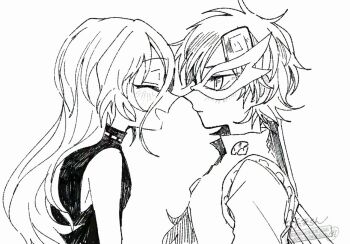 Rule 34 | 2girls, blush, closed eyes, commentary request, dress, eye mask, facing another, half mask, itomugi-kun, iwanaga ariya, long hair, looking at another, mask, mask over one eye, multiple girls, open mouth, shirt, short hair, skeletal wings, sleeveless, sleeveless dress, smile, touhou, turtleneck, turtleneck dress, watermark, wings, yuiman asama, yuri