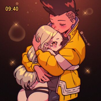 1990s_(style) 1boy 1girl artificial_eye artist_name ass black_panties blush brown_hair buzz_cut chinese_commentary closed_eyes colored_sclera colored_skin commentary_request couple cyberpunk_(series) cyberpunk:_edgerunners cyborg david_martinez fake_screenshot green_hair hair_down half-closed_eyes hand_on_another's_head hetero highres hug instagram_username jacket lianbiglian light_particles long_hair mechanical_eye mohawk pale_skin panties pink_tattoo rebecca_(cyberpunk) red_pupils red_sclera retro_artstyle samurai_jacket_(cyberpunk) short_hair size_difference smile stomach_tattoo tattoo thong underwear upper_body very_short_hair white_skin yellow_jacket