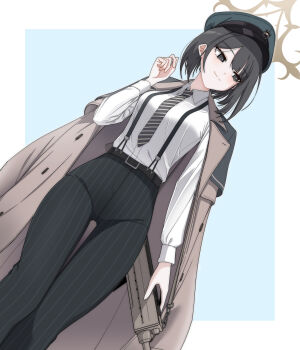 1girl black_eyes black_necktie blue_archive brown_halo coat coat_on_shoulders covered_groin diagonal-striped_clothes diagonal-striped_necktie green_hat halo hat high-waist_pants highres hiromi_(blue_archive) js_71535 necktie pants peaked_cap revision short_hair smile solo striped_clothes striped_necktie striped_pants vertical-striped_clothes vertical-striped_pants