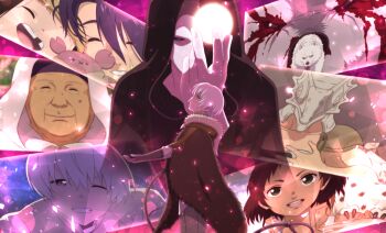 4boys 4girls :d animal animal_on_shoulder armor bare_arms bear bird bird_on_shoulder black_cape black_hair black_sclera blood bloody_tears brown_cape brown_eyes brown_gloves cape closed_eyes closed_mouth collarbone colored_sclera fumetsu_no_anata_e fur-trimmed_cape fur_trim fushi gloves green_eyes gugu_(fumetsu_no_anata_e) helmet hood hood_up hooded joan_(fumetsu_no_anata_e) kansatsusha looking_at_viewer looking_up maiko_(mimi) march_(fumetsu_no_anata_e) missing_tooth multiple_boys multiple_girls oniguma_(fumetsu_no_anata_e) open_mouth parona pink_eyes pioran portrait profile short_hair shoulder_armor silver_hair smile tonari_dalton wolf