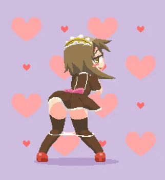 1girl animated animated_gif ao_kurage apron ass_shake blush bow brown_eyes brown_hair from_behind heart in_heat looking_at_viewer looping_animation maid maid_apron maid_headdress naughty_face original panties pink_bow pixel_art presenting red_footwear skirt smile solo thighhighs underwear unworn_panties white_panties