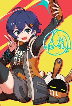 1girl ahoge belle_(zenless_zone_zero) black_shirt black_skirt black_thighhighs blue_hair cellphone commentary eous_(zenless_zone_zero) fingerless_gloves gloves green_eyes hair_ornament holding holding_phone jacket kirishima_naruse letter_hair_ornament looking_at_viewer open_mouth phone selfie shirt short_hair skirt smartphone smile solo thighhighs yellow_gloves yellow_jacket zenless_zone_zero