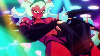 1girl animated anime_screenshot armlet black_boots black_gloves black_panties black_tiara black_wings boots bra breasts colored_skin demon demon_girl demon_horns demon_wings elbow_gloves gloves grabbing_own_breast green_hair horns jewelry large_breasts loincloth long_hair looking_at_viewer midriff multiple_wings navel panties panty_&amp;_stocking_with_garterbelt red_skin scanty_(psg) smile spiked_armlet spiked_boots spiked_loincloth spread_legs tagme tiara underwear very_long_hair video wings