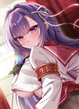 1girl :o ahoge akatsuki_(aktk511) armband black_pantyhose blush breasts commentary_request curtains hair_intakes hair_ribbon highres indoors large_breasts long_hair looking_at_viewer original panties panties_under_pantyhose pantyhose pleated_skirt purple_eyes purple_hair red_skirt ribbon school_uniform shirt sideboob sidelocks skirt solo underboob underwear upper_body white_panties white_ribbon white_shirt window