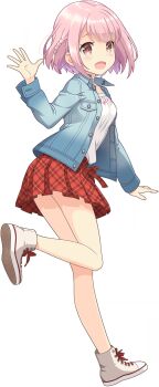 1girl blue_jacket blush braid breasts buttons dot_nose from_side full_body game_cg hand_up highres hoshizaki_akari jacket long_sleeves looking_at_viewer looking_to_the_side medium_breasts non-web_source official_art ongeki open_clothes open_jacket open_mouth pink_eyes pink_hair plaid_clothes plaid_skirt red_skirt shirt shoes short_hair simple_background skirt smile solo standing standing_on_one_leg transparent_background twisted_torso waving white_shirt white_shoes