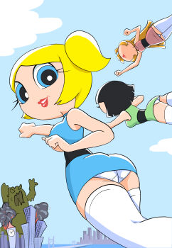 3girls ass black_hair blonde_hair blossom_(ppg) blue_dress blue_eyes breasts bridge bubbles_(ppg) building buttercup_(ppg) cartoon_network city clock clock_tower cloud covered_erect_nipples crotch_seam dress explosion fire flying from_behind green_dress grin highres lipstick long_hair looking_at_viewer looking_back makeup medium_breasts monster multiple_girls ocean oira_wa_arumajiro orange_hair panties pink_dress powerpuff_girls red_lips short_dress short_hair siblings sisters sky skyscraper sleeveless sleeveless_dress smile smoke teeth thighhighs tower twintails underwear water white_panties white_thighhighs