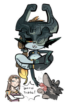 2girls annoyed barefoot bikini black_skin blonde_hair blue_eyes blue_skin brown_hair chibi colored_sclera colored_skin crossed_arms crossed_legs dog dress drooling english_text feet floating forehead_jewel gold_bikini golden_week grey_skin helmet indian_style licking link long_hair long_tongue midna multicolored_skin multiple_girls navel neon_trim nintendo one_eye_closed one_eye_covered orange_hair panties pointy_ears prehensile_hair princess_zelda red_eyes saliva sharp_teeth shortstack simple_background sitting swimsuit teeth the_legend_of_zelda the_legend_of_zelda:_twilight_princess tiara tirarizun toes tongue tongue_out two-tone_skin underwear white_background wince wolf wolf_link yellow_panties yellow_sclera