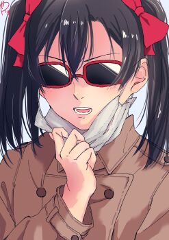 Rule 34 | 1girl, black hair, blush, brown coat, coat, commentary request, highres, looking at viewer, love live!, love live! school idol project, mask pull, open mouth, red-framed eyewear, school uniform, solo, surfacedxxc, twintails, upper body, yazawa nico